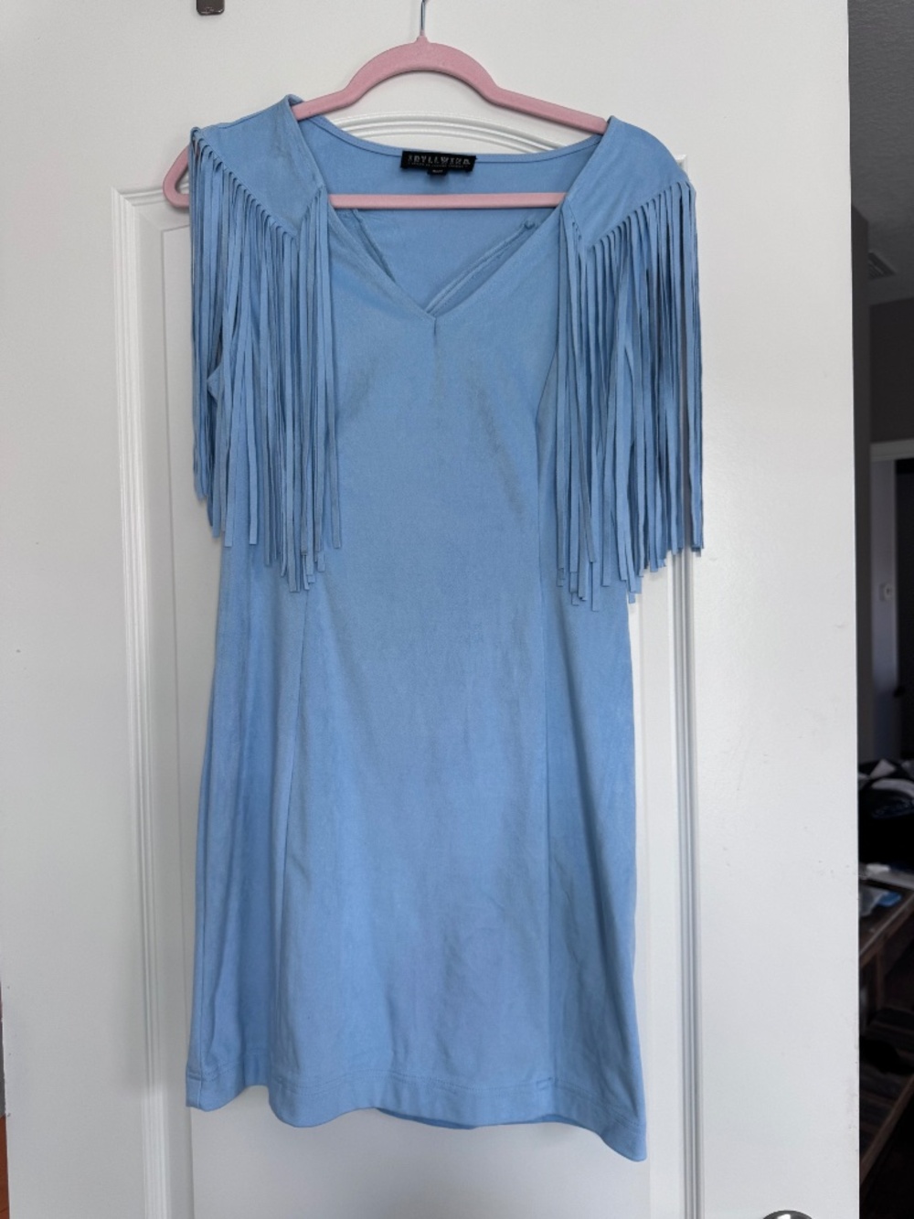 Y2K Blue Fringe Mini Dress Boho Western Festival V-Neck Short Sleeve Medium